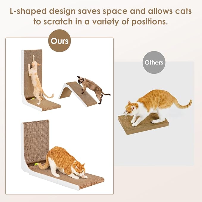 EHEYCIGA Cardboard Cat Scratcher for Indoor Cats, 32 Inch L Shaped Vertical Cat Scratching Board with Ball Cat Toy, Extra Large Cat Scratcher Pad, White-PawvioPets