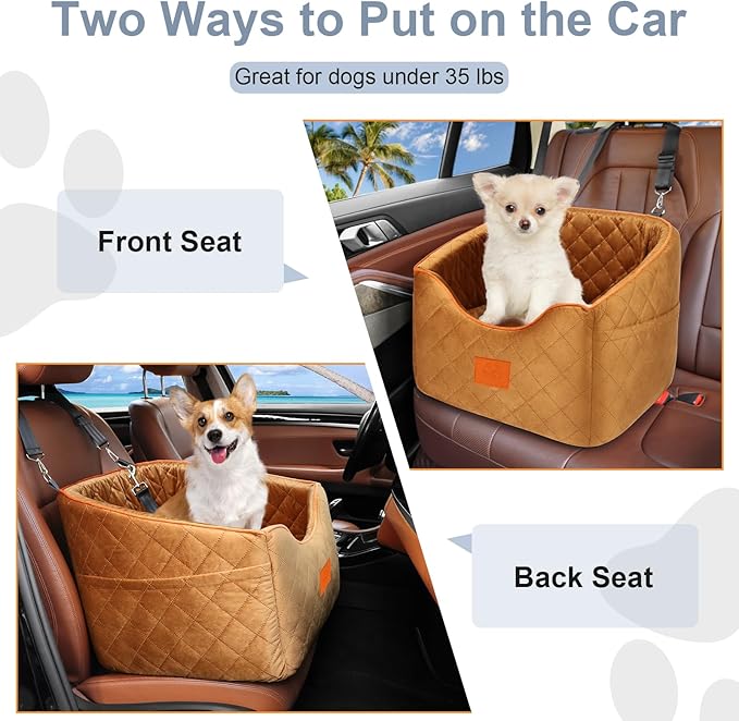Dog Car Seat for Small Dogs, Memory Foam Booster Dog Seat for Dogs up to 35 lbs, Elevated Pet Car Seat with Washable Removable Cover, Storage Pockets-PawvioPets