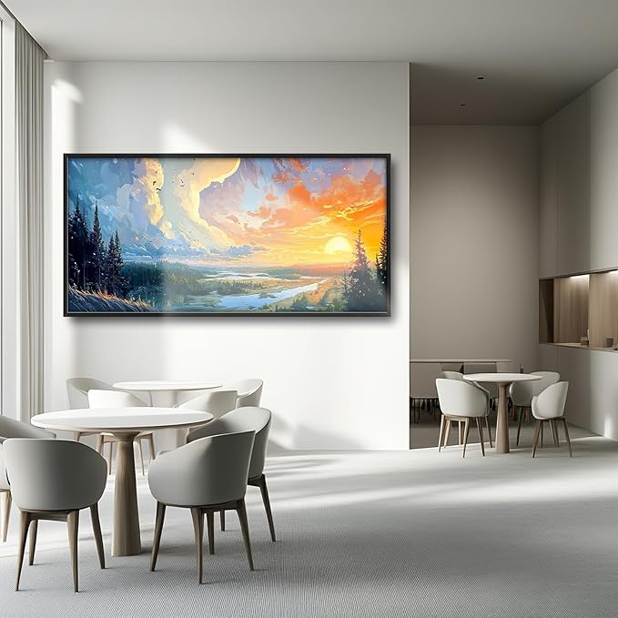 Framed Large Sunrise Wall Art for Living Room, Oversized Sunrise Wall Decor Forest Lake Landscape Canvas Print Natural Picture Home Decoration for Bedroom Living Room Office 60"x30"-PawvioPets