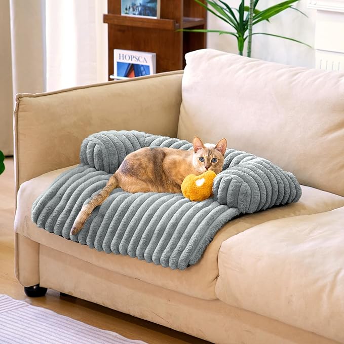 FUNNY FUZZY Pet Couch Cover for Sofa, Calming Dog Bed for Couch, Fluffy Plush Cat Bed Mat for Furniture Protector for Small Dogs and Kitten, 27×24 in, Mist Grey-PawvioPets