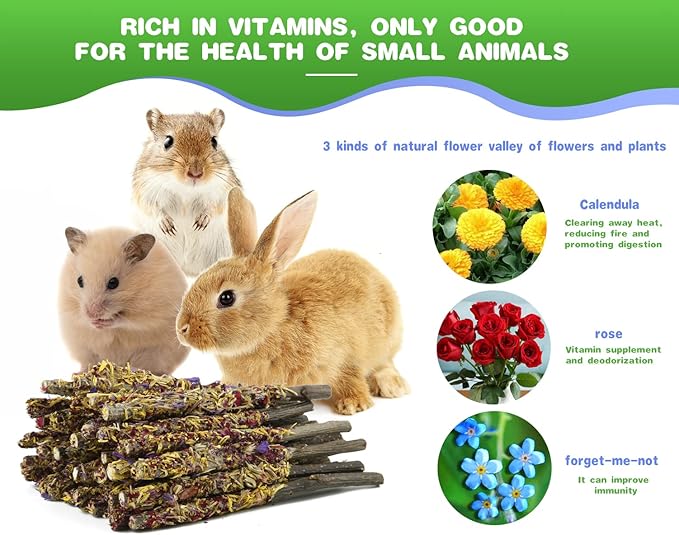 Abizoo Bunny Chew Toys for Rabbits,18PCS Natural Apple Wood Sticks with Petals Good for Chinchillas Guinea Pig Hamster Teeth Care, Bunny Small Pet Treats Teething Toys| Natural Organic Safe-PawvioPets
