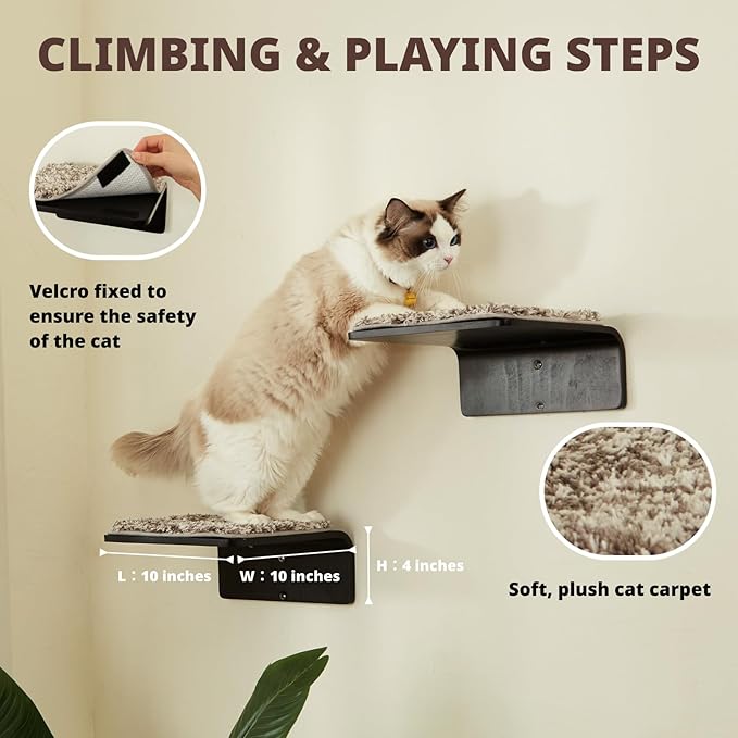 2 Set Cat Wall Steps - Wooden Cat Climbing Shelf for Wall - Cats Wall Stairs with Scratching Mat - Wall Mounted Cats Furniture for Jumping, Playing, and Lounging, Walnut-PawvioPets
