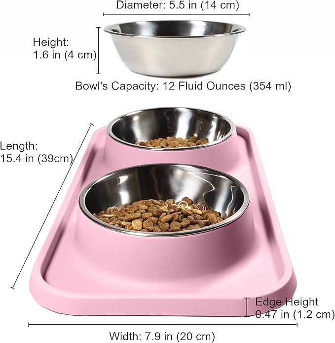 Cat Food Bowls, Cat Bowls Non-Skid and Non-Spill Silicone Pads with PP Stand, Removable Stainless Steel Food and Water Dishes for Cats, Small Size Dogs-PawvioPets