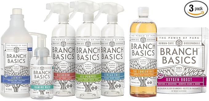 Branch Basics Premium Starter Kit: All Purpose, Glass, and Bathroom Cleaner plus our Foaming Wash, and Laundry Bottle (3 Plastic Spray Bottles + Concentrate) Fragrance-Free-PawvioPets
