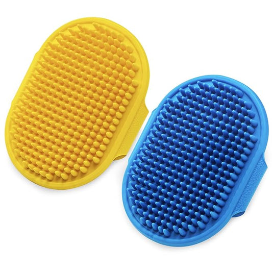 Dog Grooming Brush, Lilpep Pet Shampoo Bath Brush Soothing Massage Rubber Comb with Adjustable Ring Handle for Long Short Haired Dogs and Cats (Blue+Yellow, pack of 2)-PawvioPets