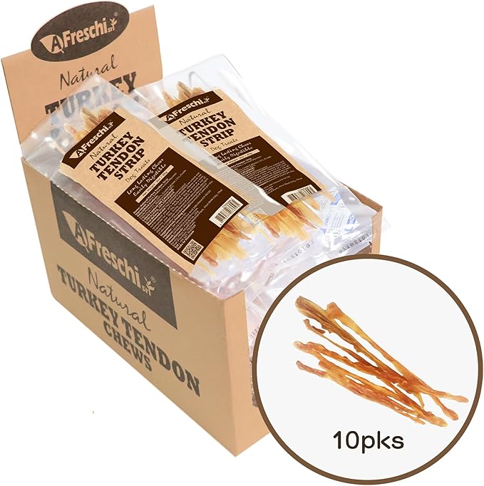 Afreschi Natural Turkey Tendon Strip 10 Units/Box, All Natural Human Grade Puppy Chew, USA-Sourced Turkey Tendon, Hypoallergenic, Easy to Digest, Rawhide Alternative-PawvioPets