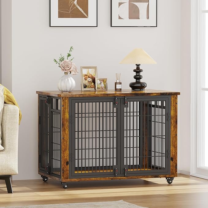 EasyCom 90% Pre-Assembled 33" Small and Meidum Dog Kennel Indoor Furniture, Wooden Dog Crate Furniture with Top-Access Teasing/Feeding Doors, for Medium and Small Breed, with Wheels Moveable-PawvioPets