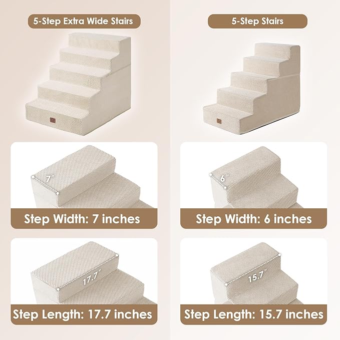 EHEYCIGA Dog Stairs for High Bed 25" H, 5-Step Extra Wide Dog Steps for Bed, Pet Steps for Small Dogs and Cats, Non-Slip Balanced Pet Ramp Indoor, Beige-PawvioPets