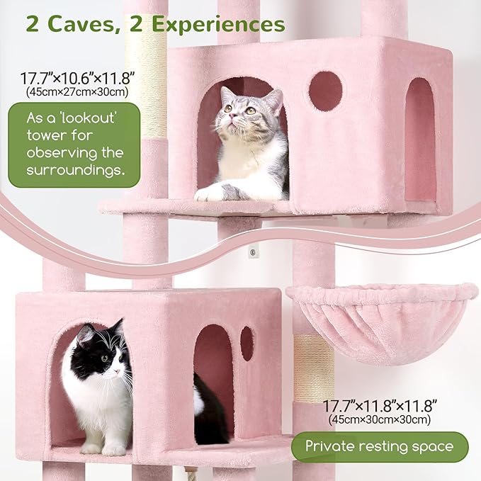 Globlazer Pink Cat Tree, 70 inch Tall Scratching Tower Multi-Level Cat Condo for Indoor Multiple Cats with 2 Large Cat Caves, Top Perch, Large Platform, Bottom Swing, F70B, Pink-PawvioPets