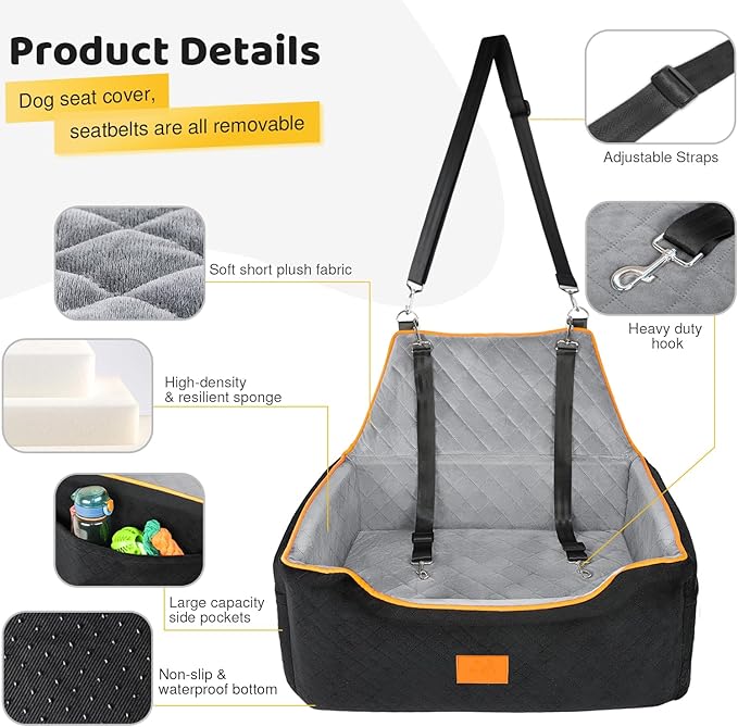 Dog Car Seat for Large/Medium Dog, Booster Seat for Dogs Under 55Lbs or 2 Small, Detachable and Washable Travel Pet Seat with Thick Cushion and Storage Pockets (Black/Gray)-PawvioPets