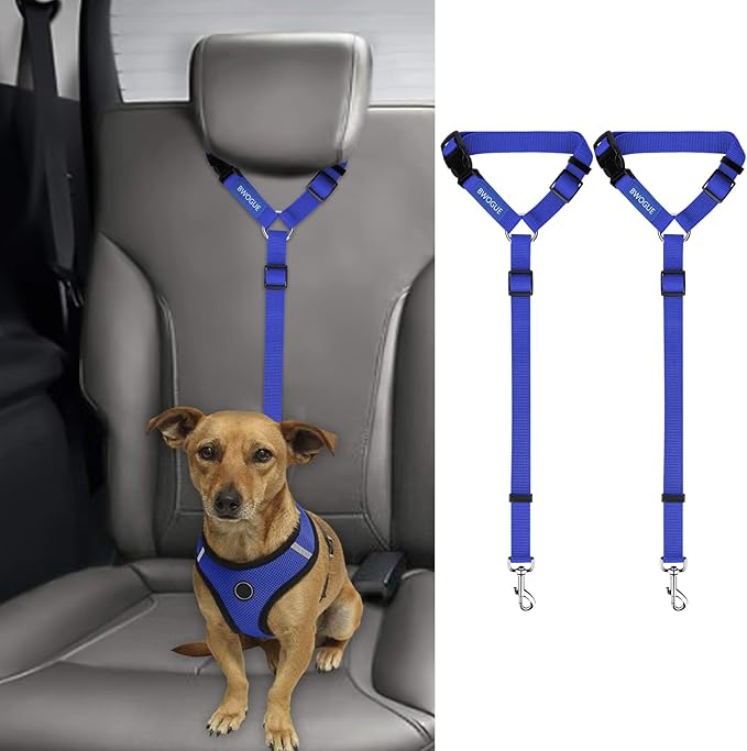 BWOGUE 2 Packs Dog Cat Safety Seat Belt Strap Car Headrest Restraint Adjustable Nylon Fabric Dog Restraints Vehicle Seatbelts Harness Dark Blue-PawvioPets