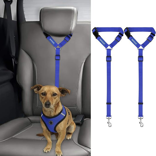 BWOGUE 2 Packs Dog Cat Safety Seat Belt Strap Car Headrest Restraint Adjustable Nylon Fabric Dog Restraints Vehicle Seatbelts Harness Dark Blue-PawvioPets