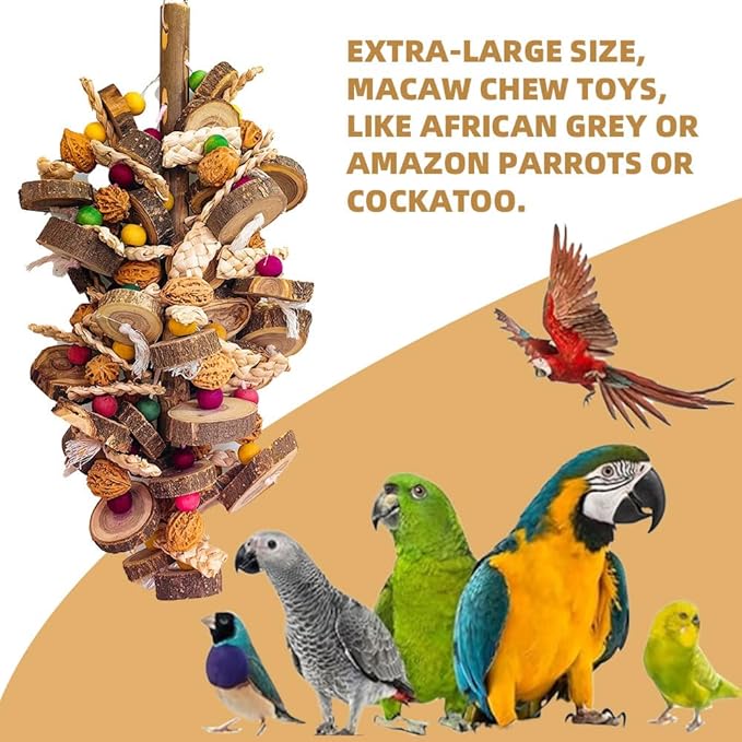 Extra Large Bird Parrot Toys- 21.7 inch Multicolored Natural Wooden Walnut Parrot Chewing Toy Suggested for Macaws cokatoos, African Grey and a Variety of Amazon Parrots. (Large Size)-PawvioPets