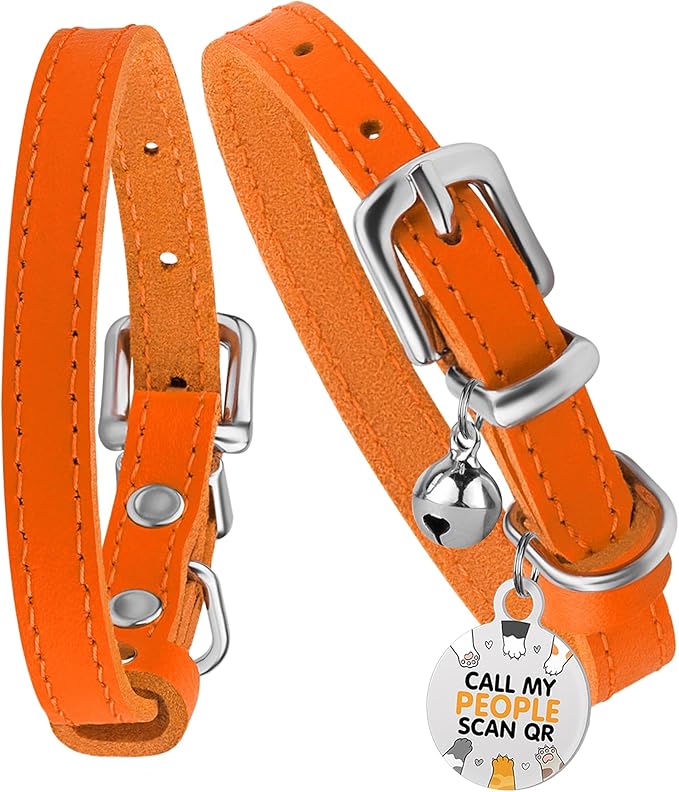 BRONZEDOG Leather Cat Collar with Removable Bells Non Breakaway Kitten QR Tag for Girl Boy (9" - 12" Cats/Mini Dogs, Orange & Silver)-PawvioPets