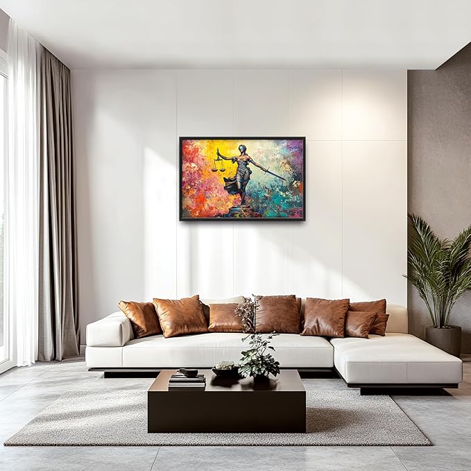 Extra Large Lady Justice Framed Wall Art for Living Room,Oversized Scales of Justice Pictures Wall Decor,Abstract Colorful Canvas Print Painting Modern Artwork Bedroom Office Bathroom 36L" x 24W"-PawvioPets
