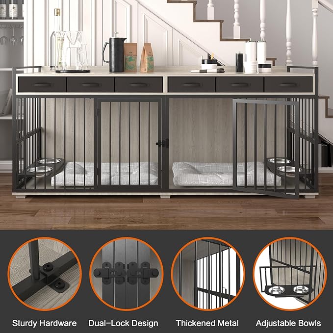 86.6inch Dog Crate Furniture with Storage,Furniture Style TV Stand Dog Kennel for 2 Dogs,with 6 Drawers,Removable Divider&Adjustable Bowls,Heavy Duty Metal Chew-Resistant Dog Crate Furniture-PawvioPets