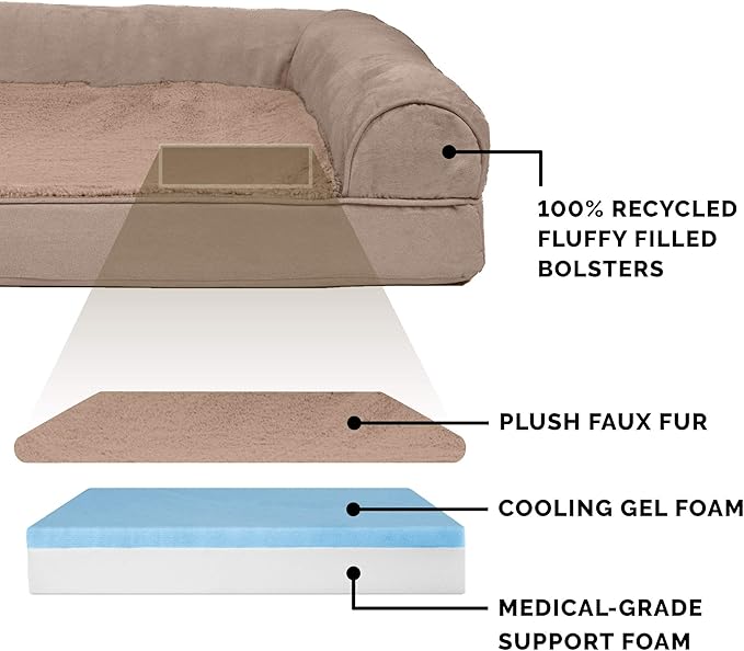 Furhaven Cooling Gel Dog Bed for Large Dogs w/ Removable Bolsters & Washable Cover, For Dogs Up to 125 lbs - Plush & Suede Sofa - Almondine, Jumbo Plus/XXL-PawvioPets