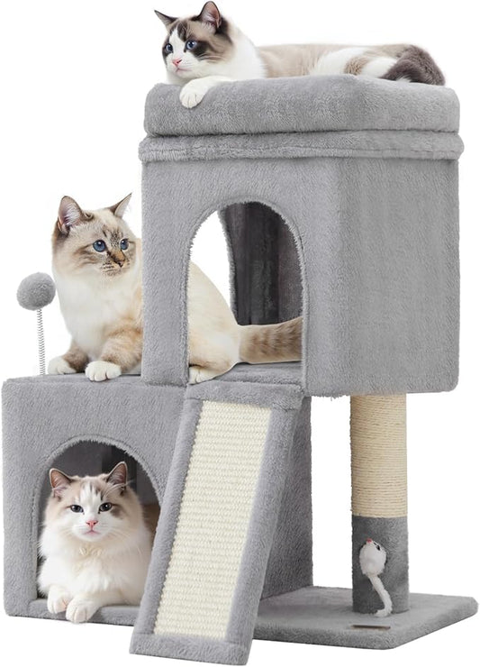 24inch Tall cat Tree with 2 cat condo and Mouse Toy Cozy Small cat Tower with Scratching Post and Board for Kitties and Small Cats.（Light Grey）-PawvioPets