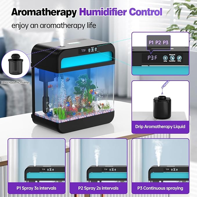 Fish Tank 2.2 Gallon Fish Aquarium with Music Humidifier 7 Color Auto-Looping Light Adjustable Water Pump with Filtration & Aeration & Circulation, Temperature Display, Bottom Water Changer-PawvioPets