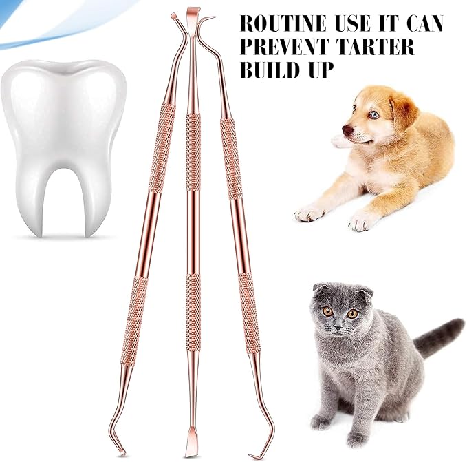 3 Pieces Dog Dental Tooth Scaler and Scraper Stainless Double Headed Tarter Removing Tool Scraper Pet Teeth Cleaning Tools for Dog and Cat (Rose Gold)-PawvioPets