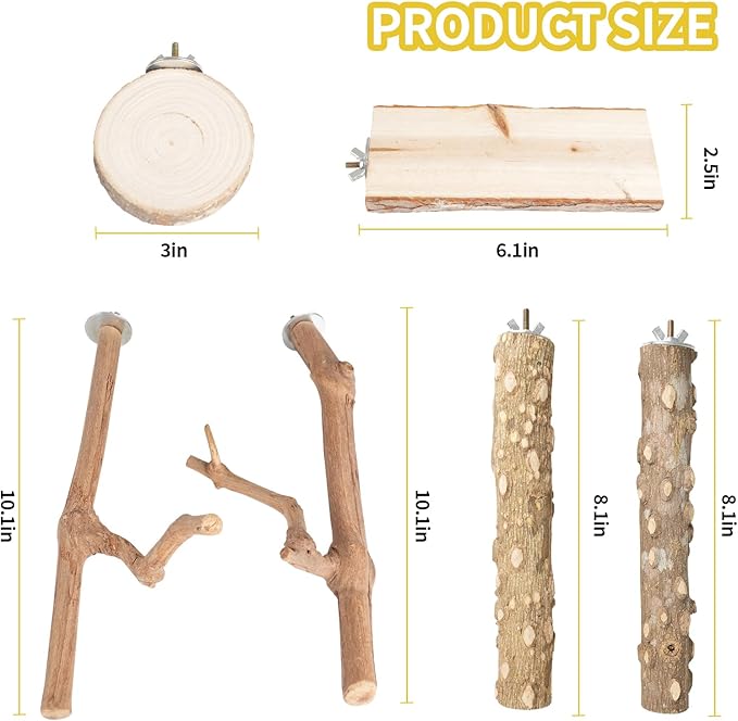 Bird Perches, 6PCS Natural Wood Birds Perch Stand Set, Parakeet Toys, Bird Cage Accessories, Stand & Toys for Parakeets, Cockatiels, Conure, Budgies-PawvioPets