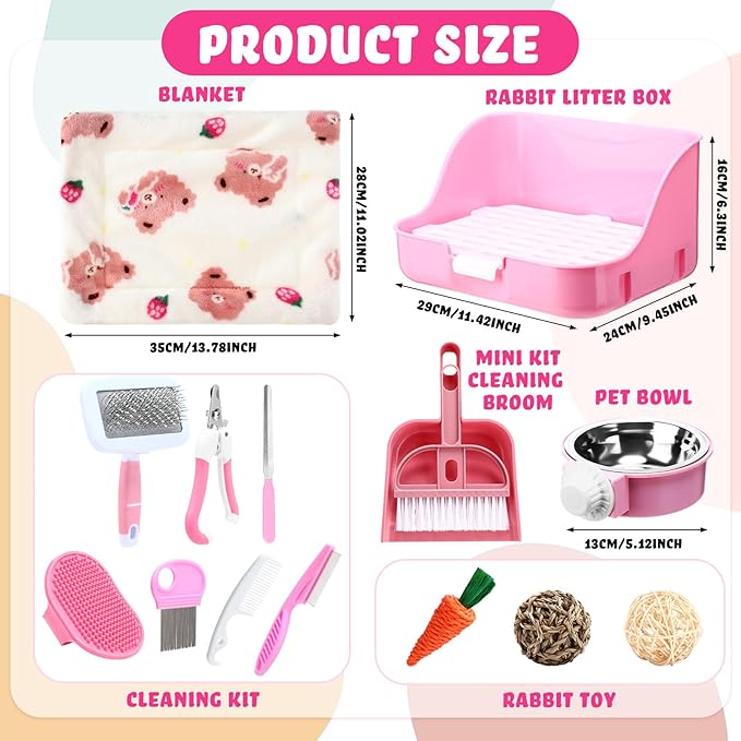 15 Pcs Rabbit Starter Kit Small Rabbit Litter Box Animal Grooming Kit Bunny Toys Bowl Blankets with Cleaning Set for Guinea Pig Accessories(Pink)-PawvioPets