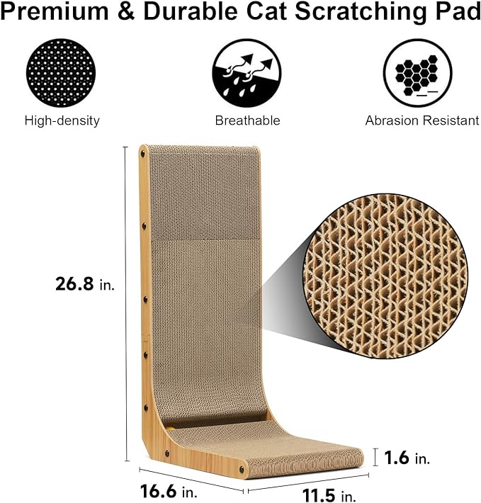 FUKUMARU Cat Scratcher, 26.8 Inch L Shape Cat Scratch Pad Wall Mounted, Cat Scratching Cardboard with Ball Toy for Indoor Cats, Large Size-PawvioPets