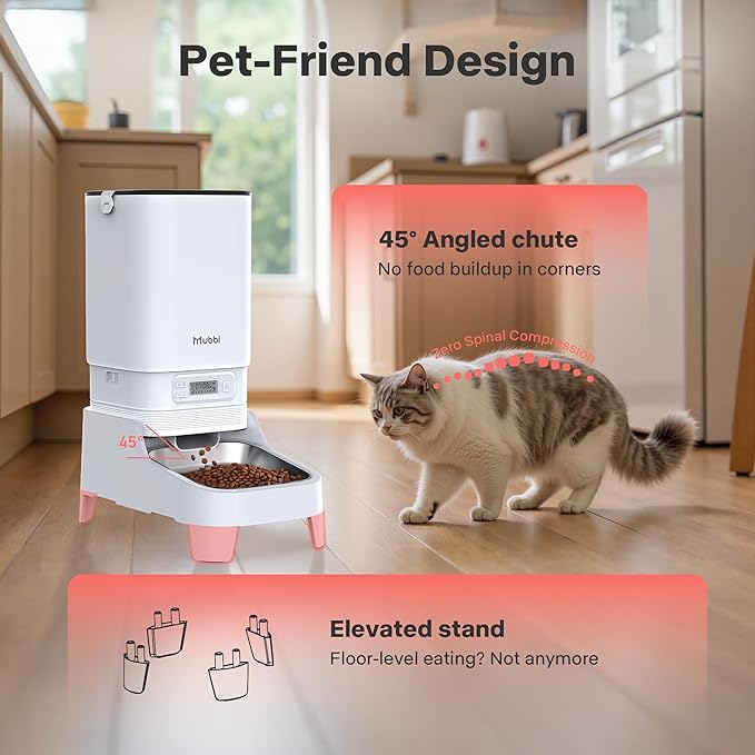 Automatic Cat Feeders, 7L/29 Cups Automatic Dog Feeder, Cat Food Dispenser, No-Jam Rotor, Up to 6 Meals for 2-15 mm Dry Food, with Elevated Stand, Stainless Steel Bowl-PawvioPets