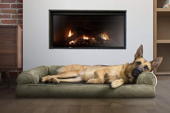 Furhaven Orthopedic Dog Bed for Large Dogs w/ Removable Bolsters & Washable Cover, For Dogs Up to 95 lbs - Faux Fur & Velvet Sofa - Dark Sage, Jumbo/XL-PawvioPets