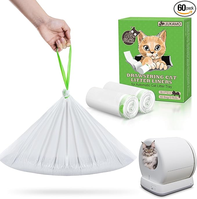 60 Pack Cat Litter Box Liners for Meo Want SC01, MW-SC02, MW-LR01,1.5 Mil Thick Drawstring Heavy Duty Leak-proof Disposable Smart Self-Cleaning Litter Box Robot Waste Drawer Trash Bags 18" x 12.6"-PawvioPets