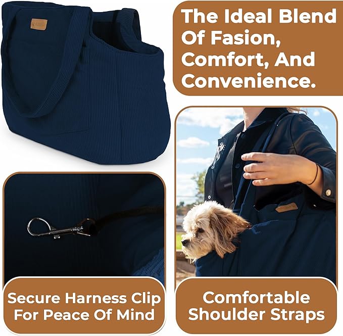 Corduroy Dog Carrier - Lightweight Cotton Soft-Sided Pet Tote with Safety Harness Clip - Breathable Travel Carrier for Small Dogs and Puppies (Dark Blue)-PawvioPets
