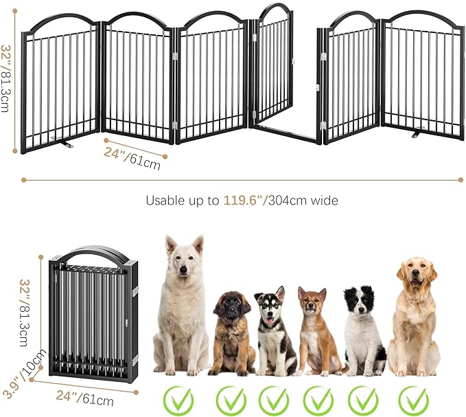 BHG Metal No-Assembly Freestanding Dog Gate with Door Walk Through, Extra Wide 144", Extra Tall 32" Pet Gate, Accordion Puppy Folding Playpen Dog Fence, with 2PCS Support (Black, 6 panesl)-PawvioPets
