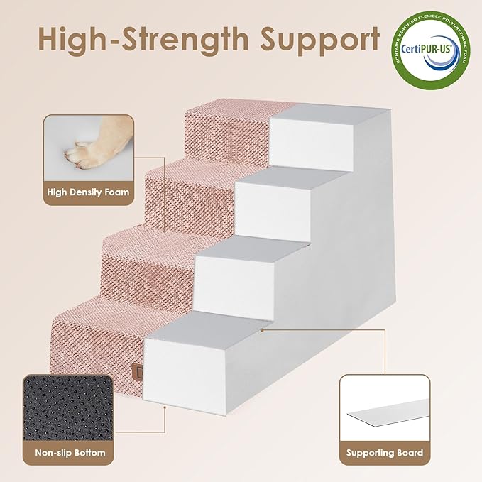 EHEYCIGA Dog Stairs for Bed 20" H, 4-Step Extra Wide Dog Steps for High Bed, Pet Steps for Small Dogs and Cats, Non-Slip Balanced Pet Ramp Indoor, Pink-PawvioPets
