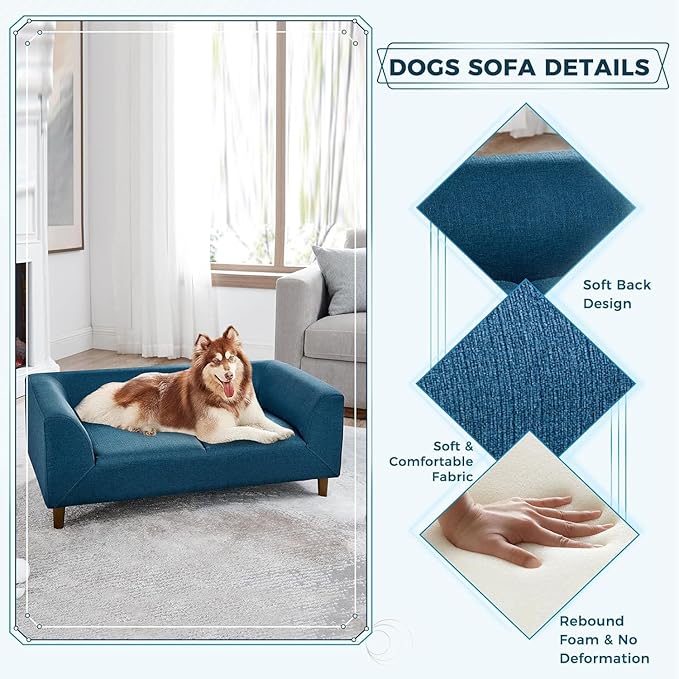 Dog Sofa Couch for Medium to Large Dogs, Memory Foam Dog Sofa Bed, Modern Elevated Pet Couch Bed with Wooden Legs, Light Grey-PawvioPets