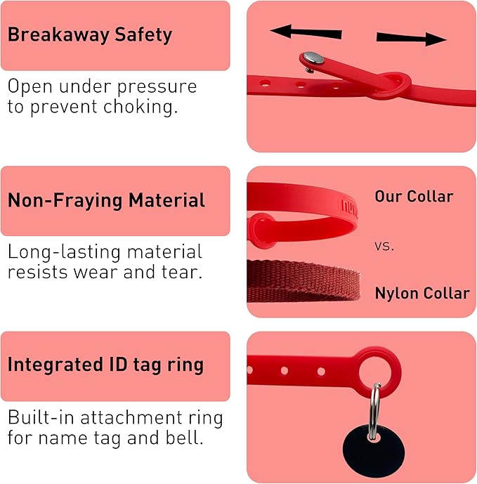Cat Collar 2 Pack - Soft, Comfortable, and Lightweight Safety Breakaway Collar with Name Tag Ring for Outdoor Cats and Sensitive Skin Kittens by Nuvuq (6 ⅞" to 10 ¼", Red)-PawvioPets