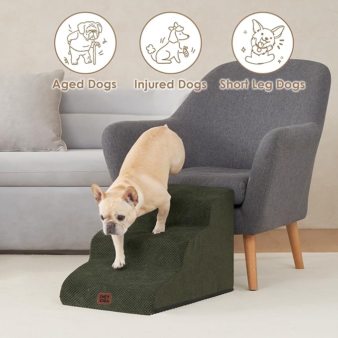EHEYCIGA Curved Dog Stairs Ramp for Small Dogs 15.7" H, 3-Step Dog Steps for Couch Sofa and Chair, Pet Stairs for Cats, Non-Slip Balanced Pet Steps Indoor, Olive Green-PawvioPets