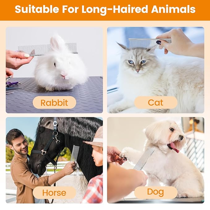 2Pcs Stainless Steel Dog Comb, Round Tooth Cat Comb with 2 Tooth Widths, Metal Combs for Removing Knots and Tangles, Grooming Tool for Long and Short Hair Pets, 7.5 IN Silver-PawvioPets