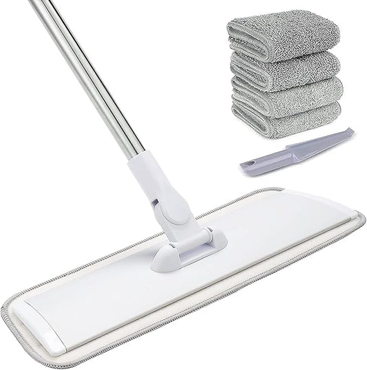 18" Professional Microfiber Mop Floor Cleaning System, Flat Mops with Stainless Steel Handle, 4 Reusable Washable Mop Pads, Wet and Dust Mopping for Hardwood, Vinyl, Laminate (White&Grey)-PawvioPets