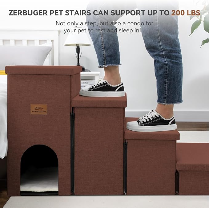 Dog Stairs with Condo 23" H, 4-Step Wider Dog Steps for High Beds Window, Folding Storage Pet Stairs Gift for Small/Medium/Large Old Dogs Cats, Ramp for Climbing Car Hold Up to 200 lbs, Brown-PawvioPets