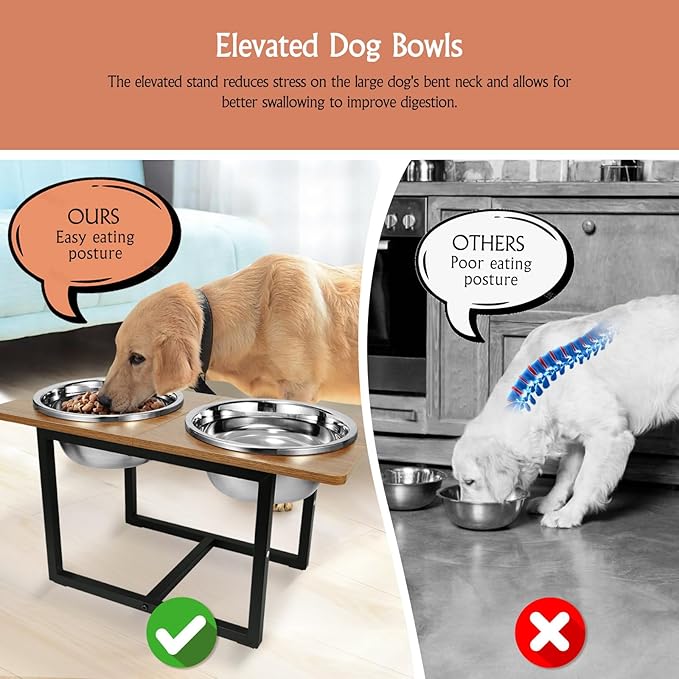 Elevated Dog Bowls for Large Dogs, Raised Dog Bowl Stand with Two X-Large Stainless Steel Bowls for Dogs, 3.5L Capacity, Rustic Walnut-PawvioPets