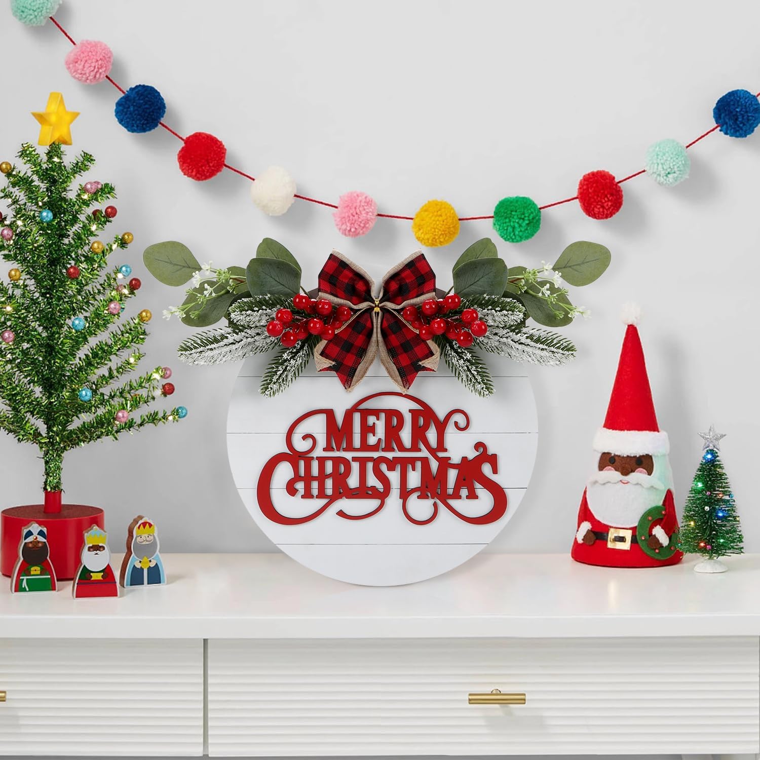 CHDITB Cute Merry Christmas Wooden Front Door Wreath(11.4”x11.4”), Farmhouse 3D Christmas Decor Hanging Sign with Red Plaid Bow Berries Mistletoe, Housewarming Gift for Xmas Winter Holiday New Year