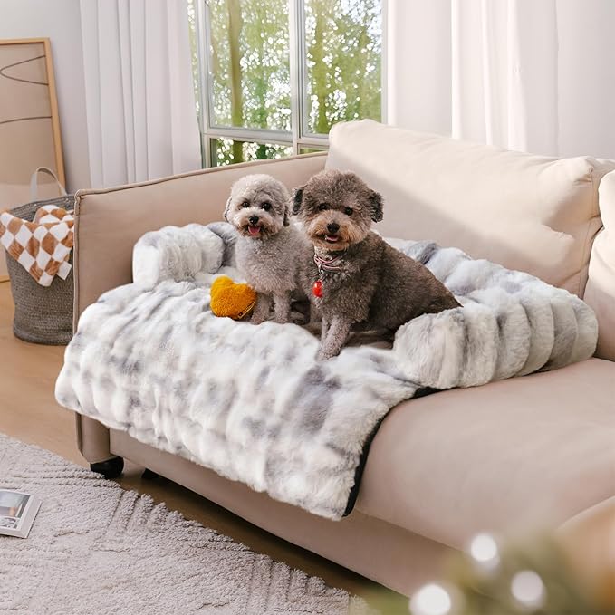 FUNNY FUZZY Pet Fluffy Fuzzy Couch Cover, Calming Washable Dog Bed Sofa Protector Pets Mat for Small Medium Dogs and Cats (Tie-dye Grey,33.45 × 28.35 × 5.51 in)-PawvioPets