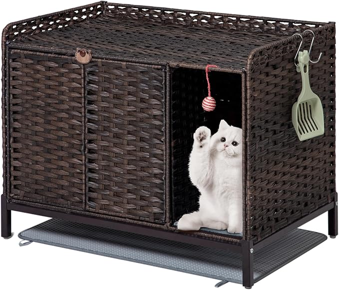Cat Litter Box Enclosure Furniture with Divider, Handwoven Rattan Litter Box with Mat, 31.2 x 19.6 x 24.2 Inches, Metal Heightened Feet, Hidden Cat House for Living Room, Bedroom (Brown)-PawvioPets