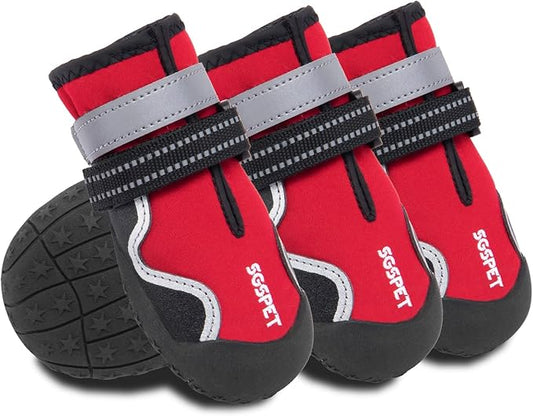 Dog Shoes, Waterproof Dog Boots & Paw Protectors with Anti-Slip Sole, 4pcs/Set Pet Dog Booties, Reflective Dog Shoes for Small Medium Large, Winter Snowy Summer Hot Pavement (Red, 5# (M))-PawvioPets