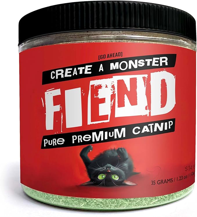 Fiend Catnip Safety-Cut 100% Pure Potent Fine Cat Nip for Cats & Kittens – Ultra Potent, North American – 1 Cup (34.5g) Canister – Go Ahead, Create a Monster!-PawvioPets