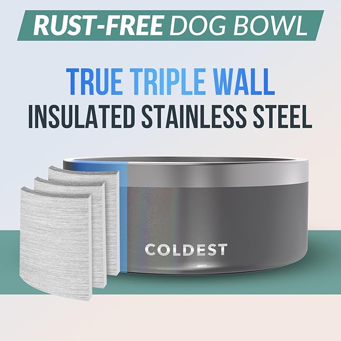 Coldest Dog Bowl - Anti Rust Metal, Non Slip, 3 Layers Insulated Stainless Steel Dog Bowls - Spill Proof & Heavy Duty - Water Bowl for Dogs, Cats & Pets, Dish Washer Safe (100 oz,Stardust Glitter)-PawvioPets