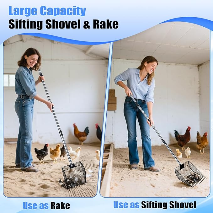 CAROD Chicken Poop Scooper & Rake 2-in-1, Metal Chicken Coop Scoop for Poop with 24 to 68" Adjustable Stainless Steel Handle, Litter Scooper Sand Sifting Shovel Chicken Coops/Animals House-PawvioPets