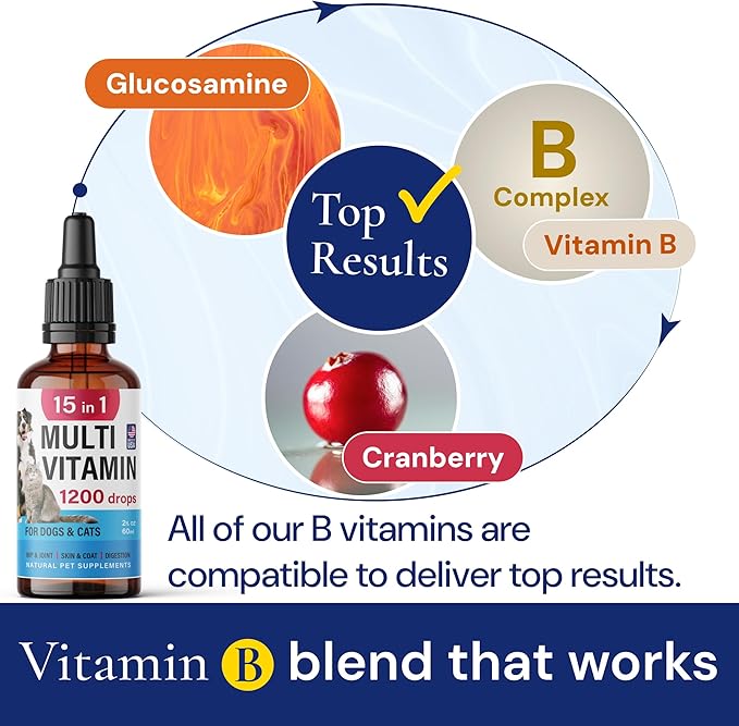 Advanced 15-in-1 Multivitamin for Dogs & Cats - Premium Liquid Supplement with Glucosamine, Vitamin B Complex and Cranberry for Joint, Digestive, Skin, Immune & UTI Support - 2.0 Fl Oz - Made in USA-PawvioPets