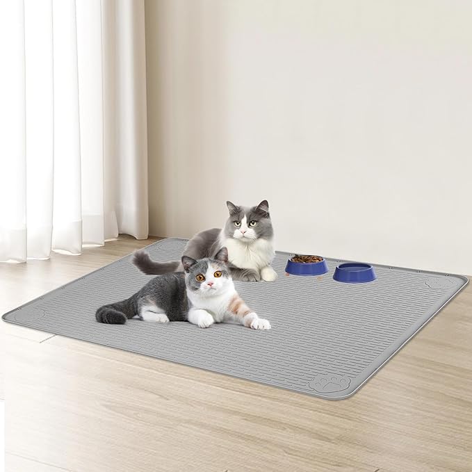 Cat Food Mat, 40" x 28" Extra Large Silicone Pet Feeding Mat with Raised Edge Pet Placemat for Food and Water Bowl Non-Slip, Easy to Clean, Floor Protection (Grey)-PawvioPets