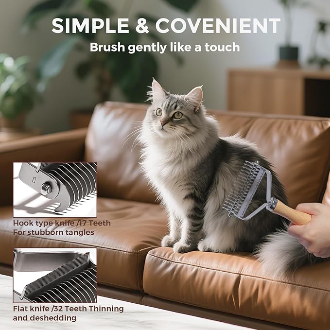 3-in-1 Professional Pet Shedding Dematting Comb - Deshedding Undercoat Rake for Dogs with Stainless Steel Blades Metal Pet Brush with Wood Handle Matted Hair Detangling Thinning and Shedding-PawvioPets